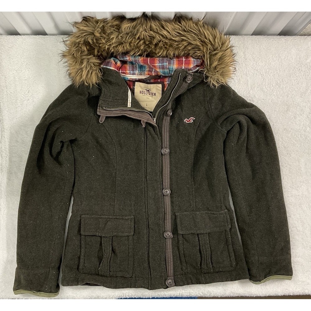 Vtg 2000s Hollister Army Green Flannel Lined Hood Jacket Coat Womens L Y2K Bella